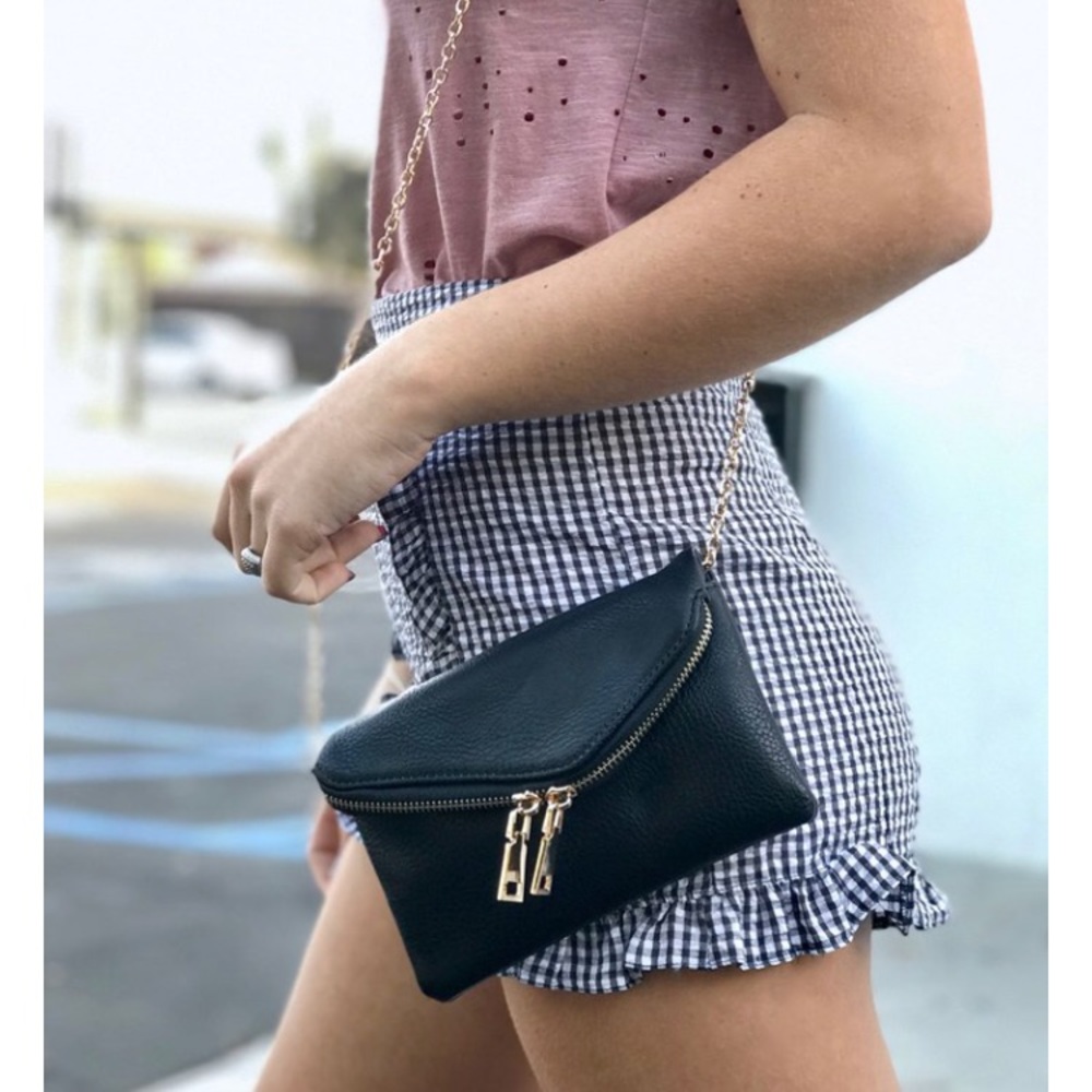 Vegan Leather Cross Body Chain Clutch Wristlet Bag